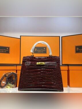 Elegant Red Croc-Embossed Top-Handle Bag - Women